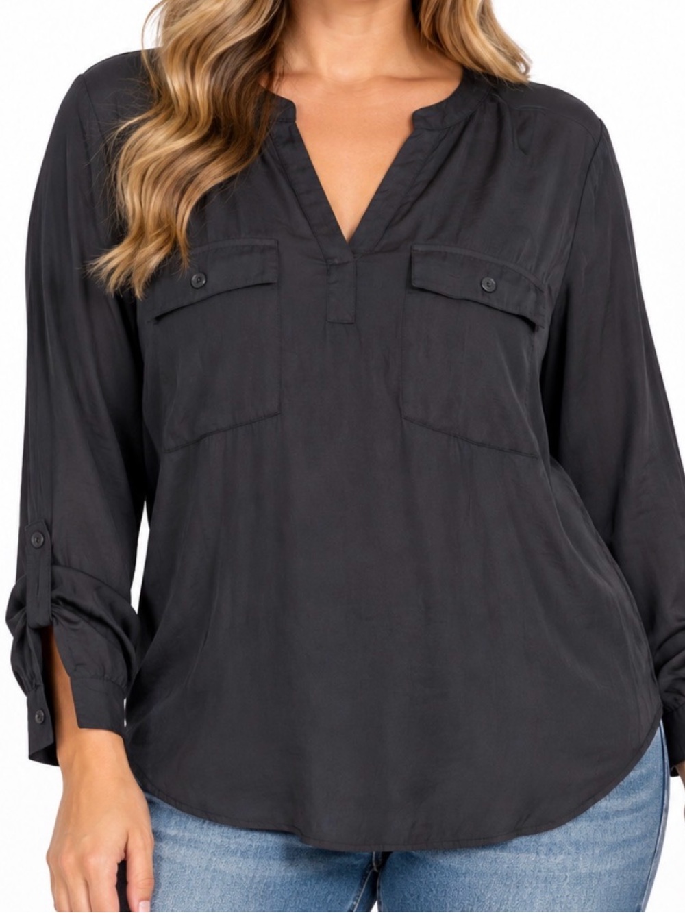 Simply Vera Wang Black Utility Blouse V Neck Roll Tab Sleeve Pocket Top SZ LG